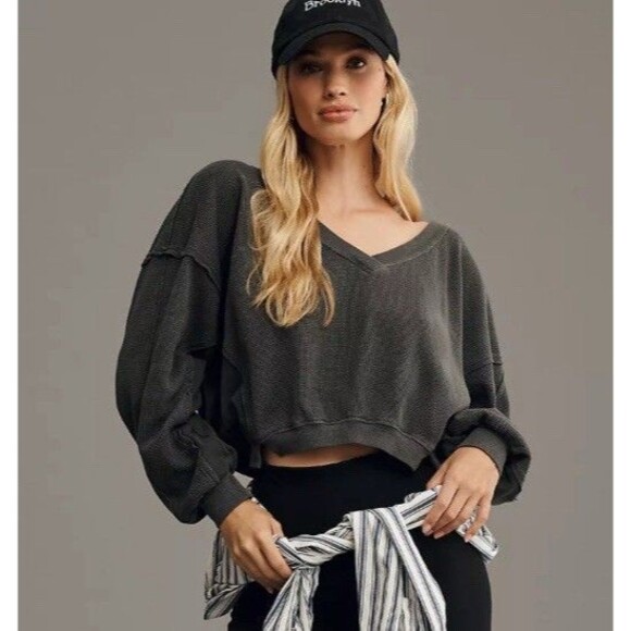 Daily Practice by Anthropologie Grasse Long-Sleeve Top Gray Waffle Medium Yoga - Picture 1 of 8